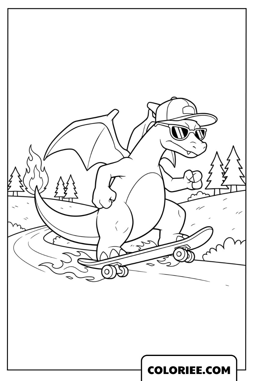 Coloriage Dracaufeu en skateboard super cool