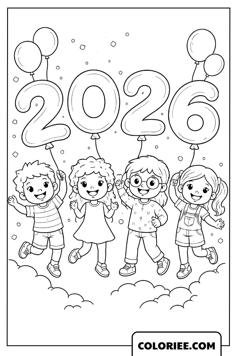 Coloriage Enfants Fêtent 2026