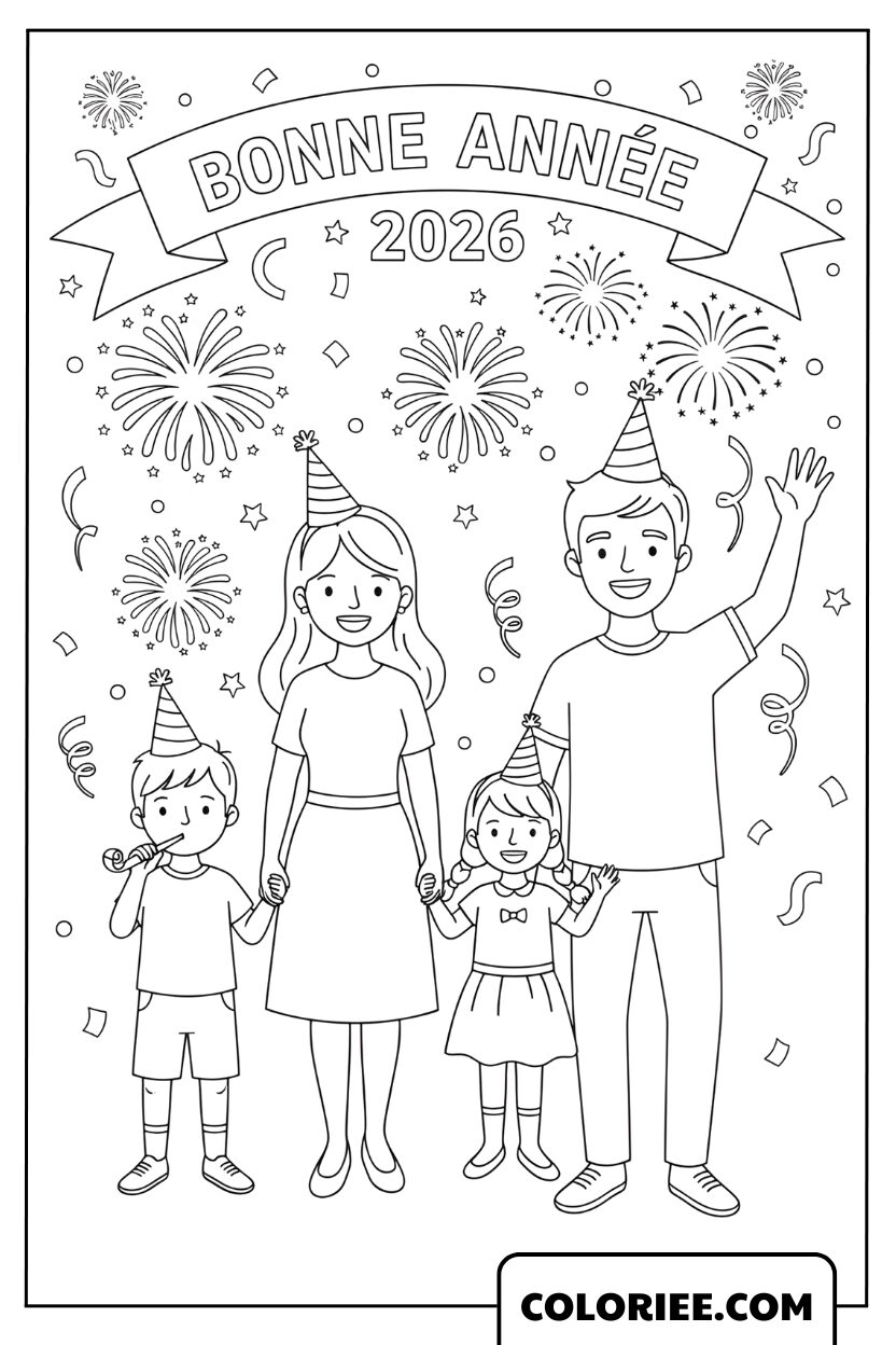 Coloriage Famille Bonne Année 2026