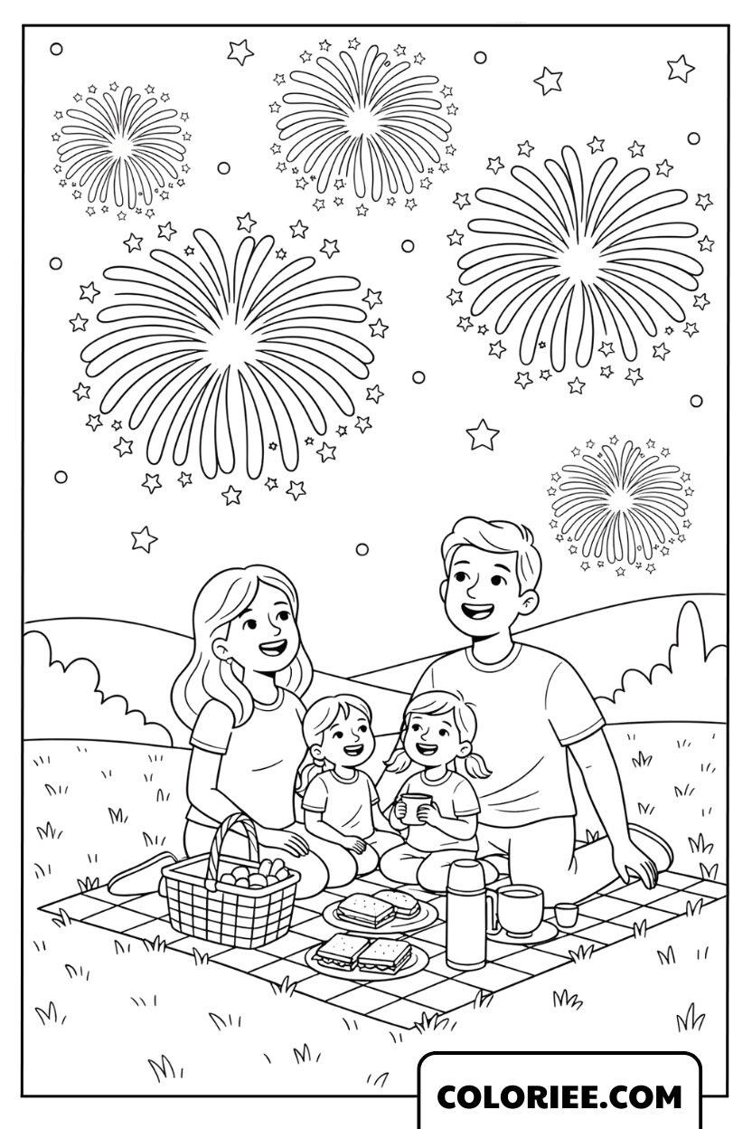Coloriage Famille Feu d’Artifice Nouvel An 2026