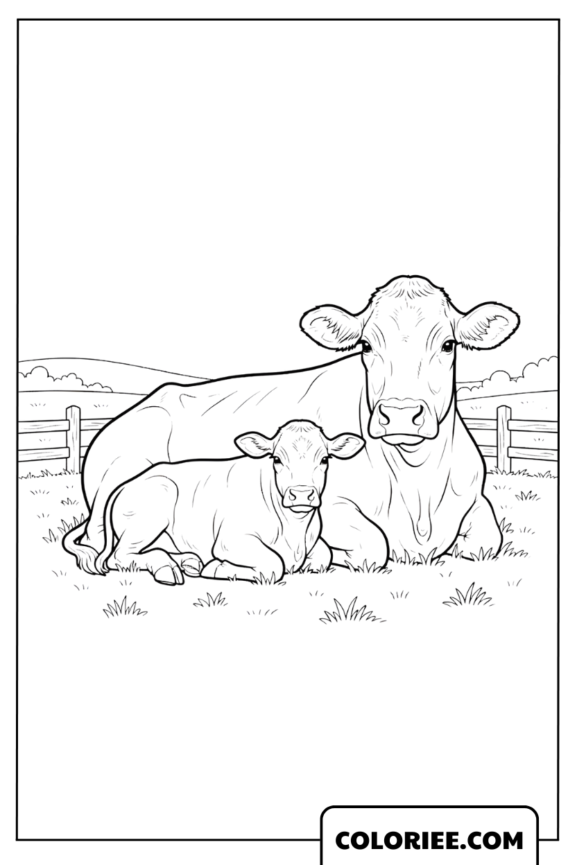 Coloriage Famille de Vaches Se Reposant dans le Pré