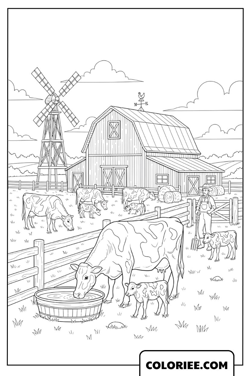 Coloriage Ferme de Vaches Paisible
