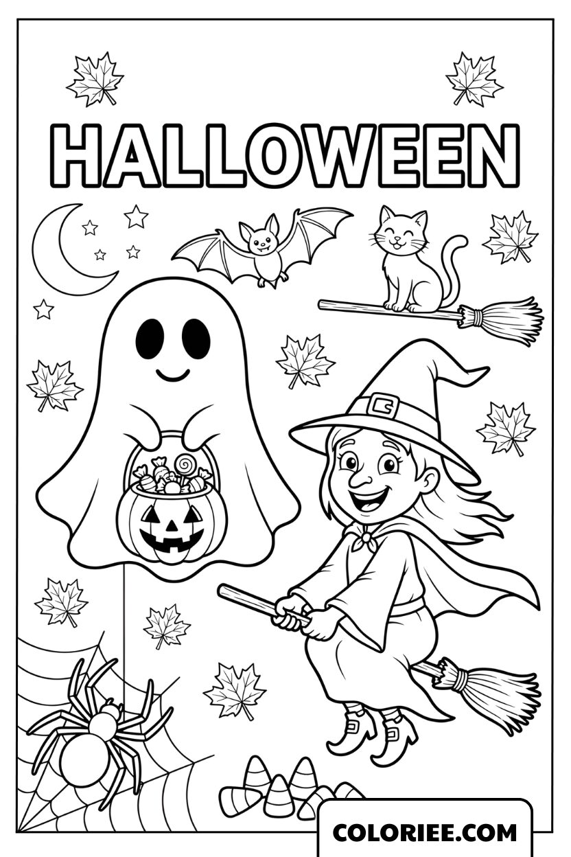 Coloriage Halloween – Petite Sorcière et Fantôme Mignon