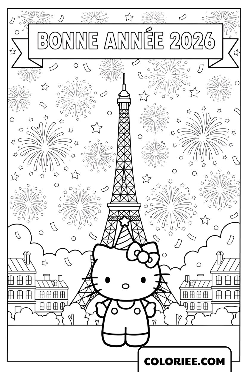 Coloriage Hello Kitty à Paris Bonne Année 2026