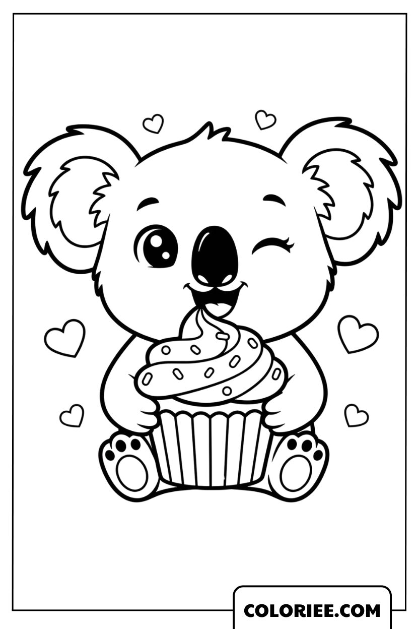 Coloriage Koala Gourmand avec un Cupcake