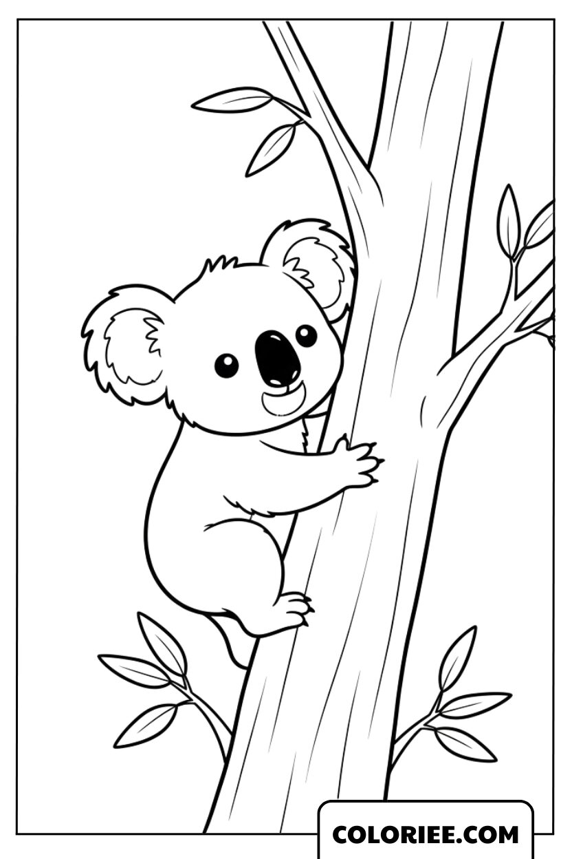 Coloriage Koala Grimpant sur un Arbre dans la Forêt