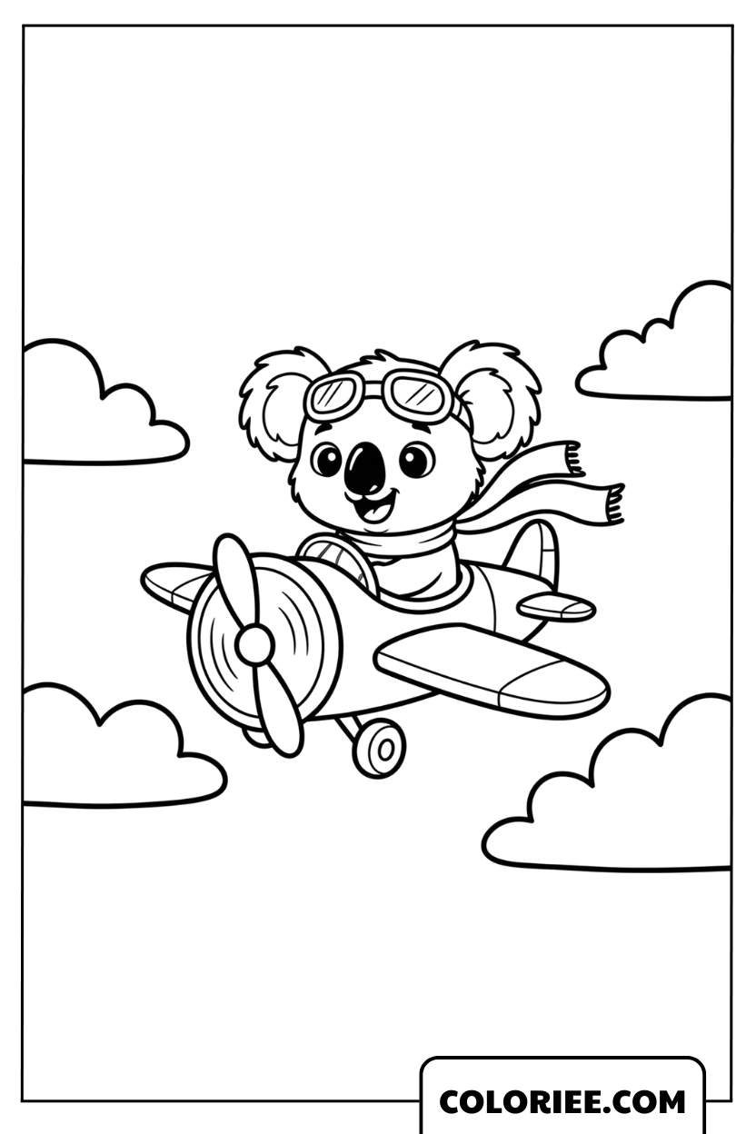 Coloriage Koala Pilote Volant parmi les Nuages