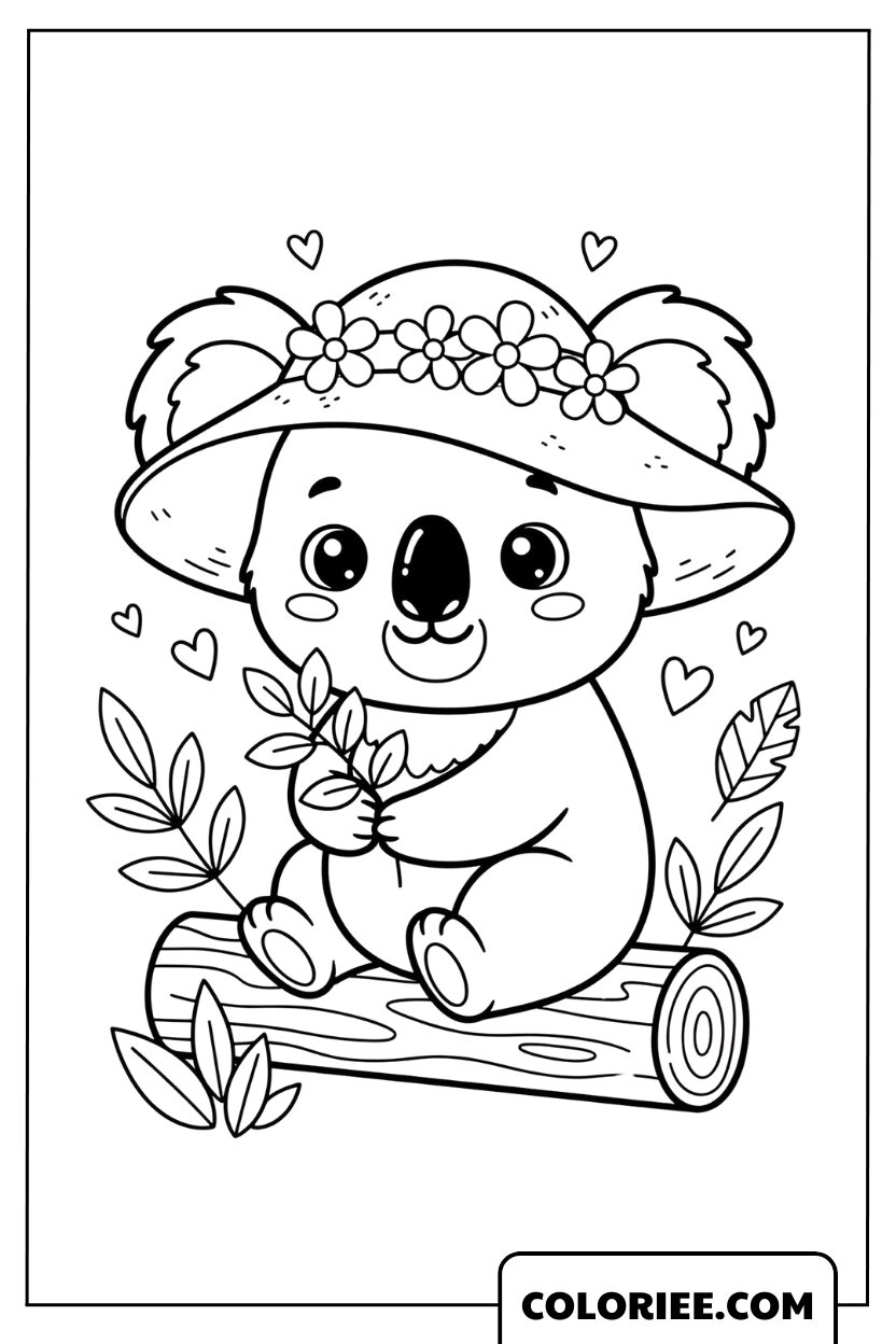 Coloriage Koala avec un Chapeau Fleuri sur une Bûche