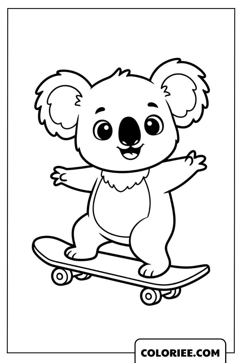 Coloriage Koala qui Fait du Skateboard