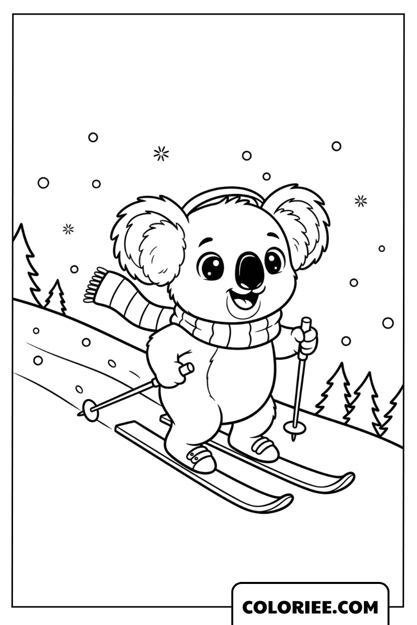Coloriage Koala qui Fait du Ski Amusant