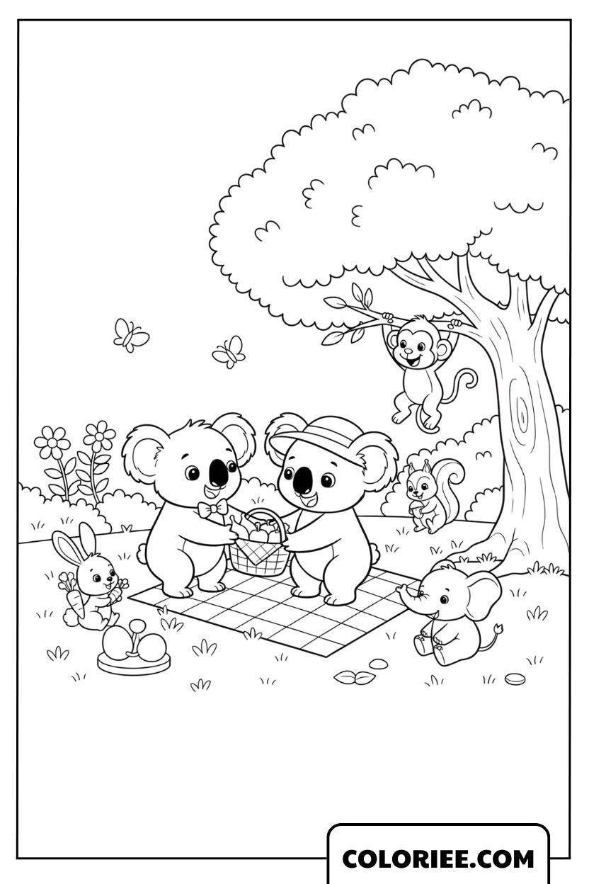 Coloriage Koalas en Pique Nique avec des Amis dans la Forêt