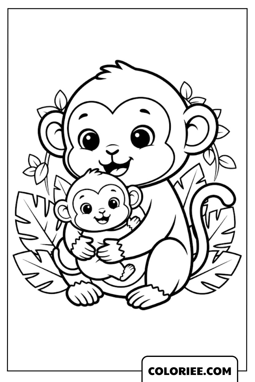 Coloriage Maman Singe avec son Bébé