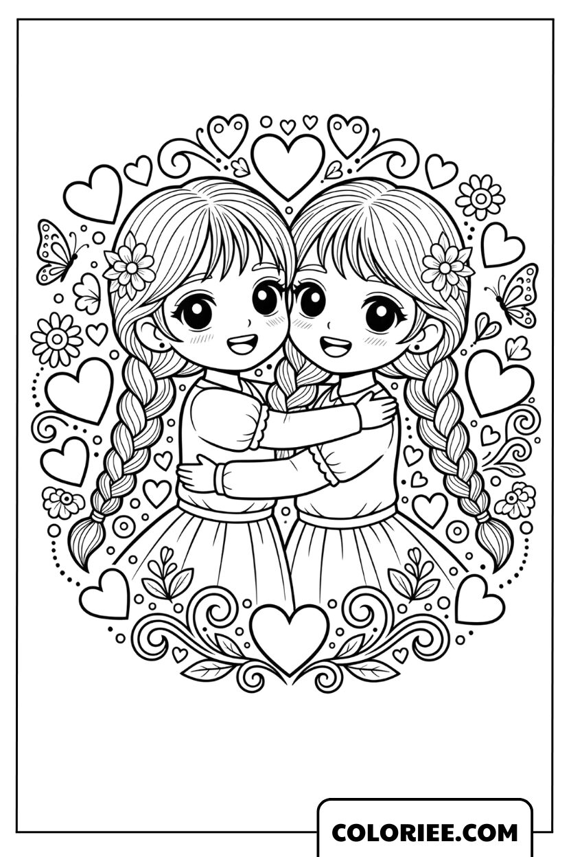Coloriage Meilleures Amies dans un Cadre de Cœurs