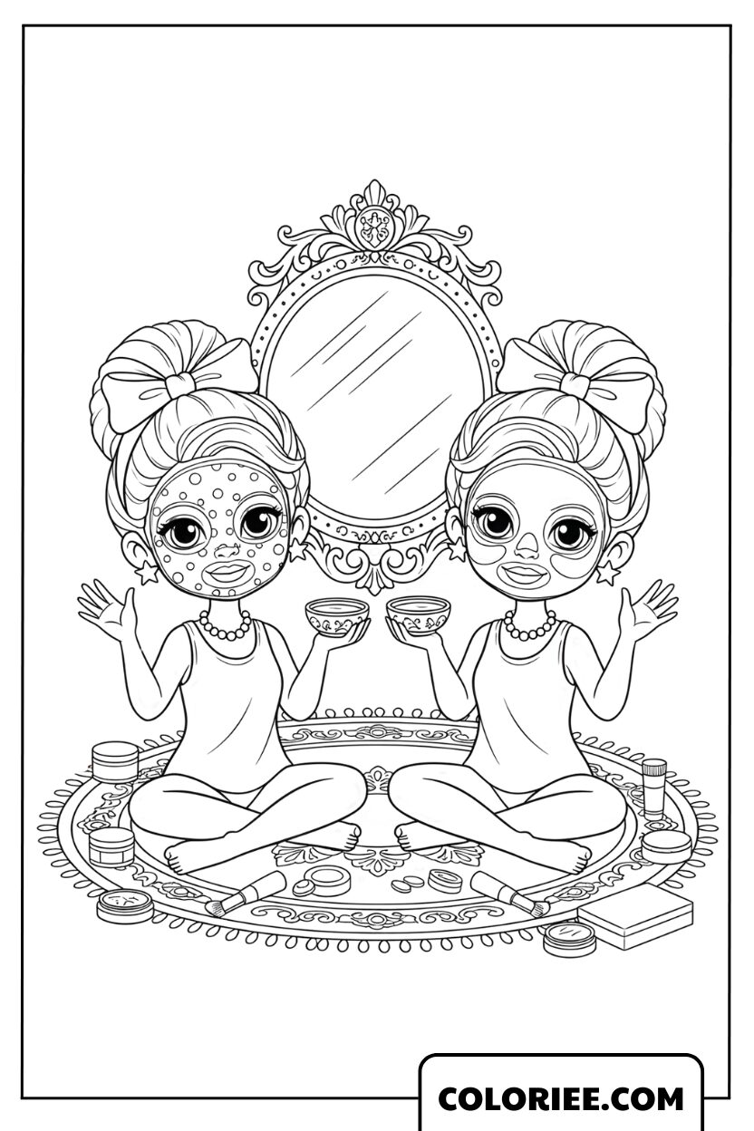 Coloriage Meilleures Amies se Préparent Ensemble Devant le Miroir