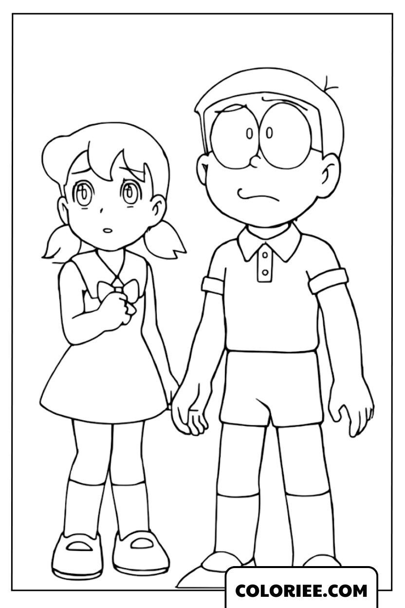 Coloriage Nobita Shizuka Inquiets