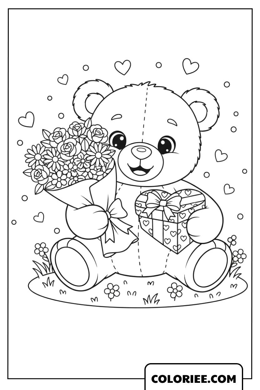 Coloriage Ours avec Bouquet de Roses – Saint Valentin Romantique