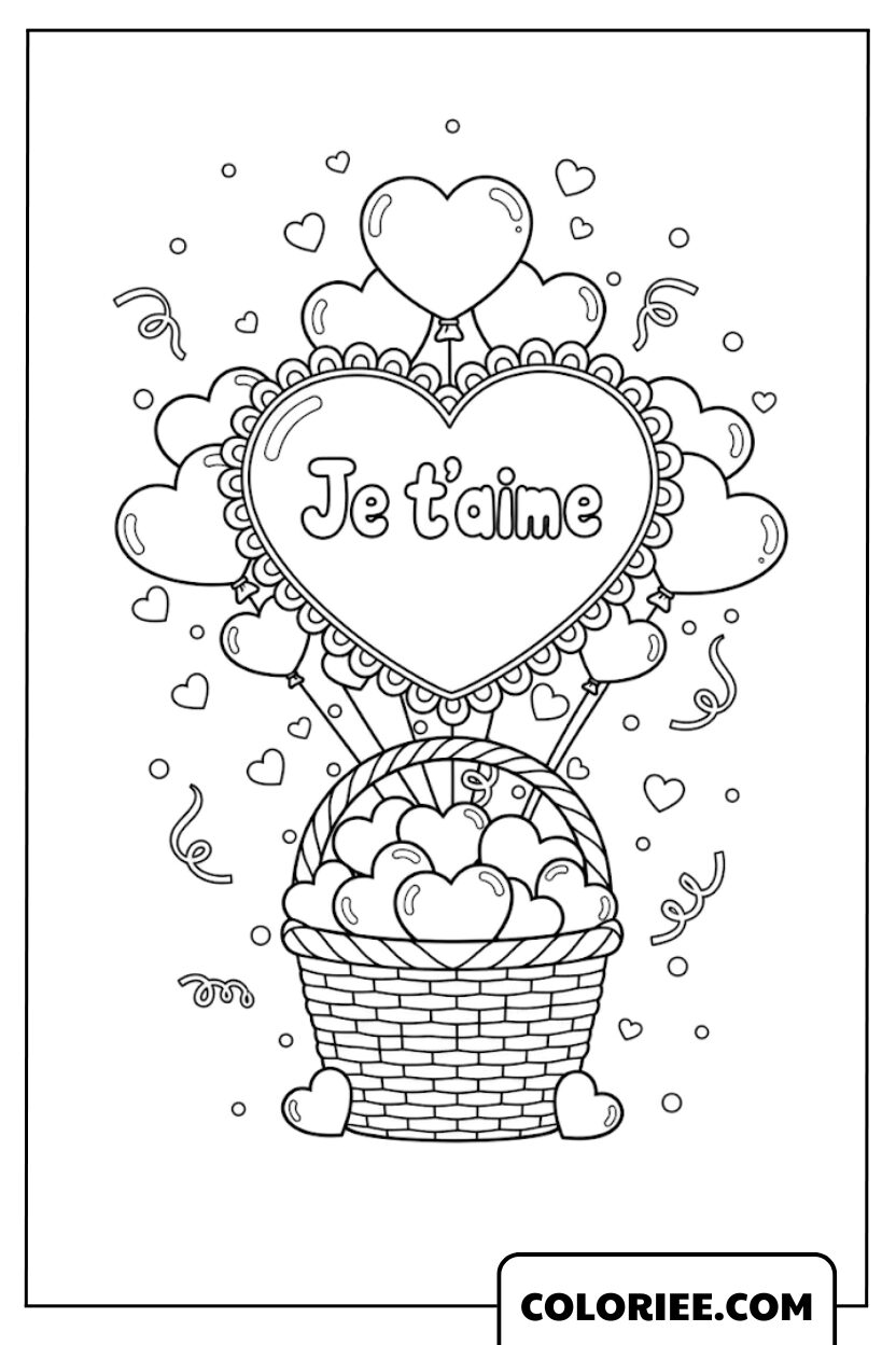 Coloriage Panier de Cœurs “Je t’aime” Adorable
