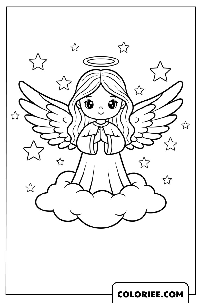 Coloriage Petit Ange priant sur un nuage