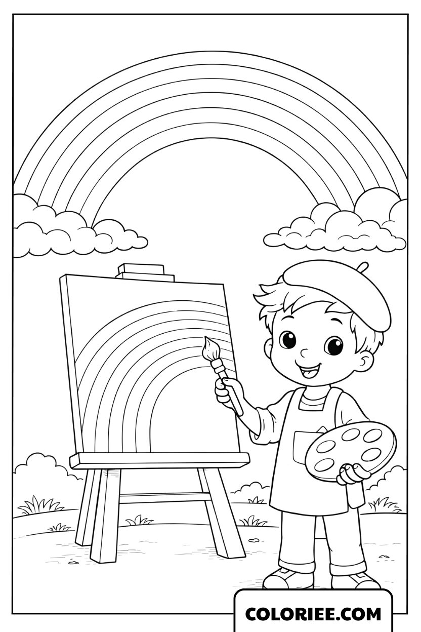 Coloriage Petit Artiste Peignant un Arc-en-Ciel