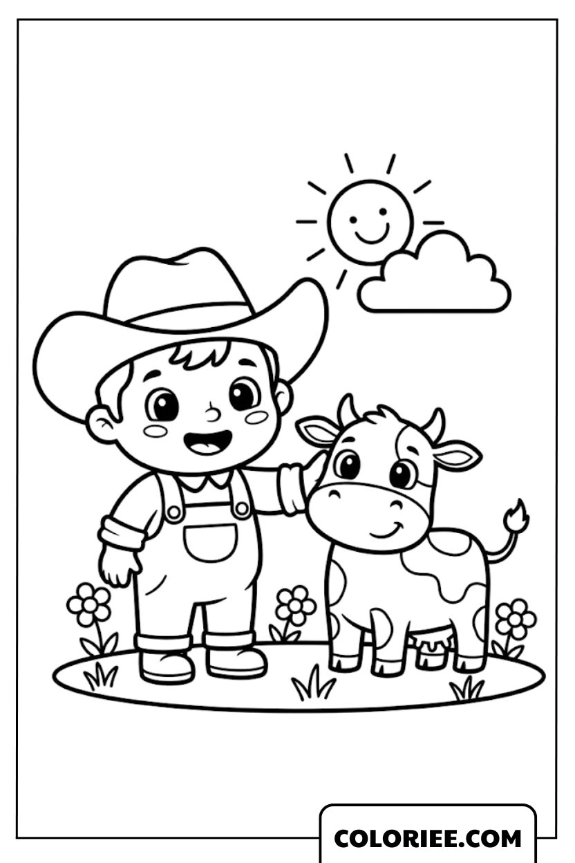 Coloriage Petit Fermier et Veau Mignon
