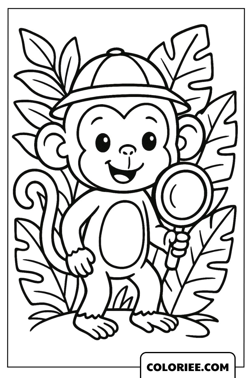 Coloriage Singe Détective Explorant la Forêt
