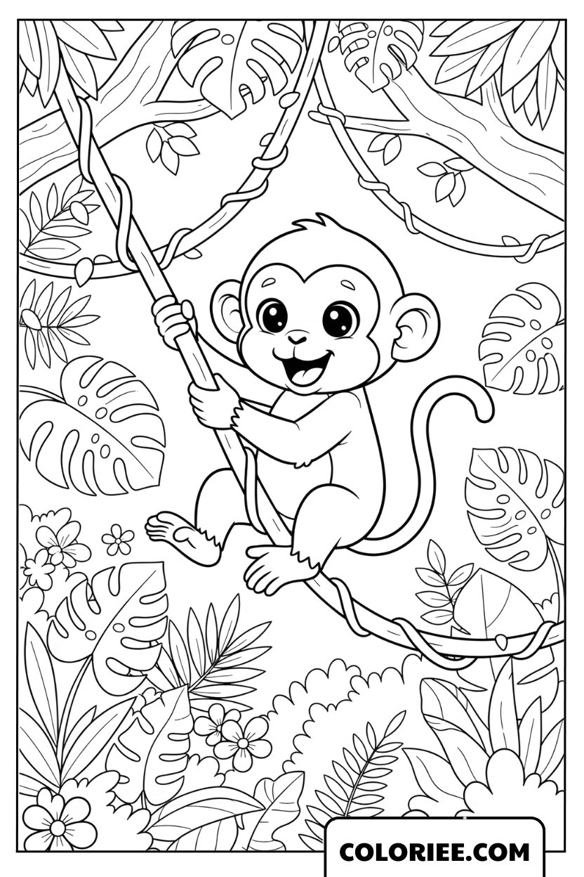 Coloriage Singe dans la Forêt Tropicale