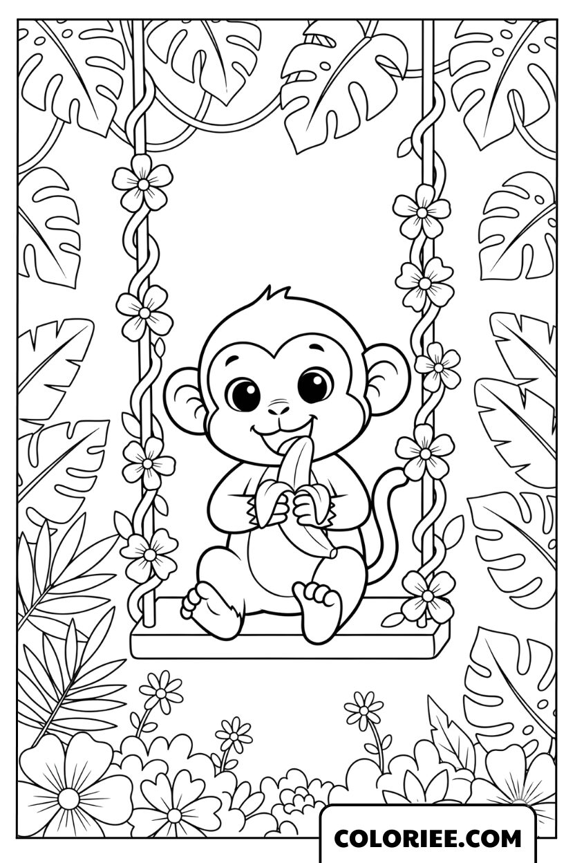 Coloriage Singe sur une Balançoire dans le Jardin Tropical