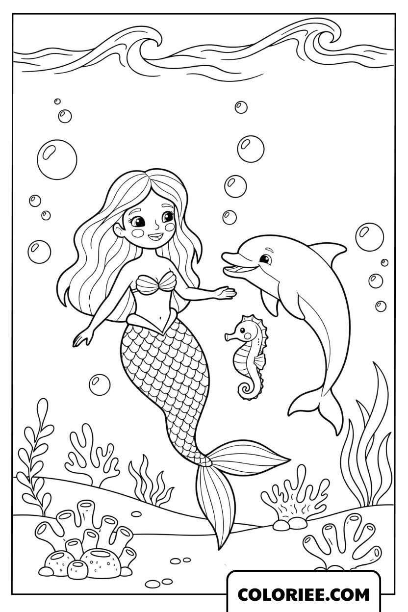 Coloriage Sirène et Dauphin Sous l’Océan