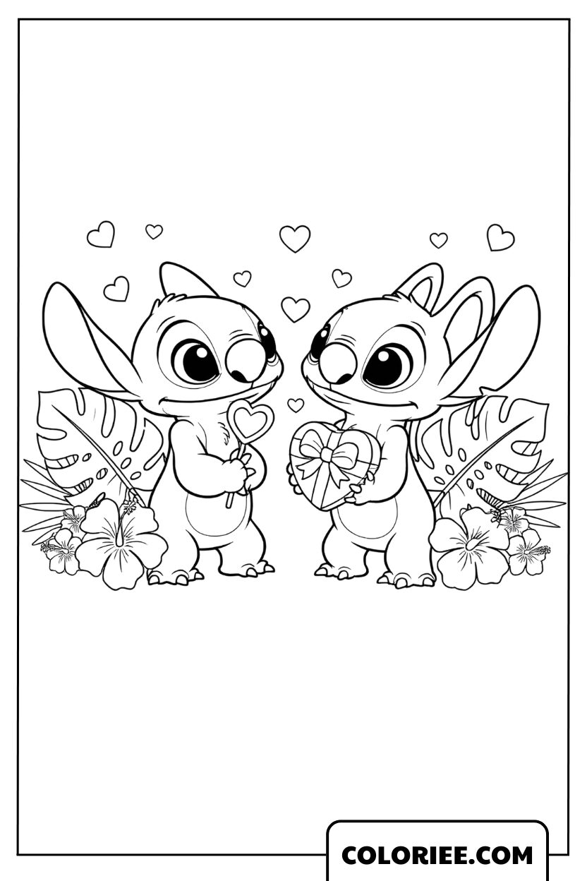Coloriage Stitch & Angel – Adorables Amoureux de la Saint Valentin