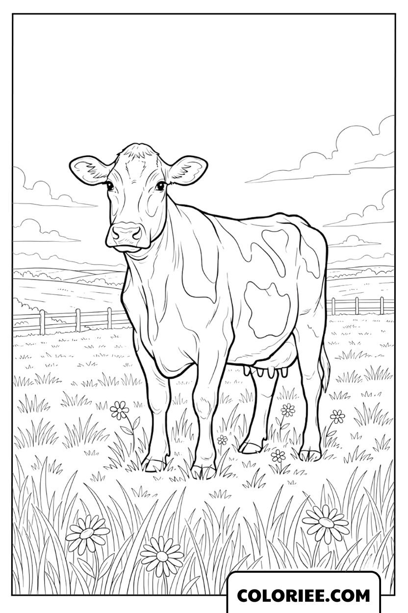 Coloriage Vache Laitière dans un Pré Paisible