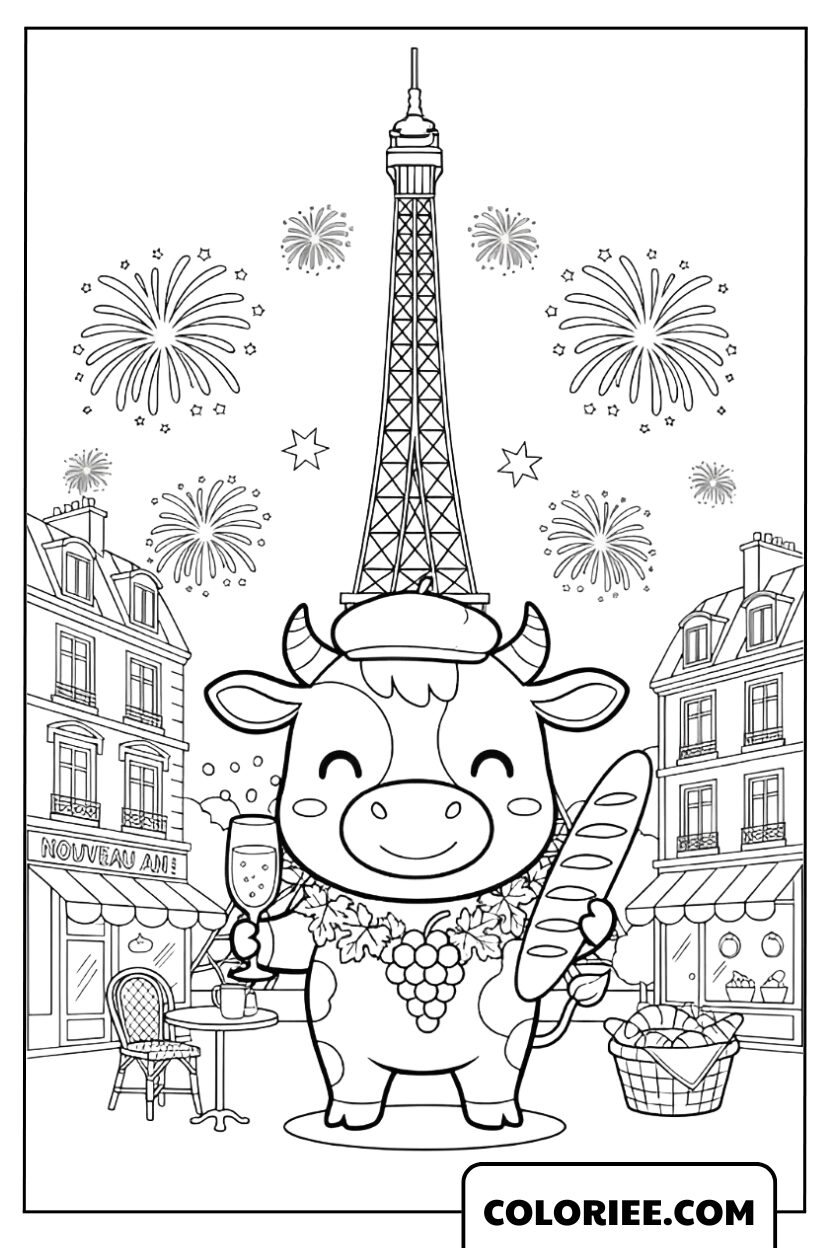 Coloriage Vache à Paris avec Baguette et Tour Eiffel