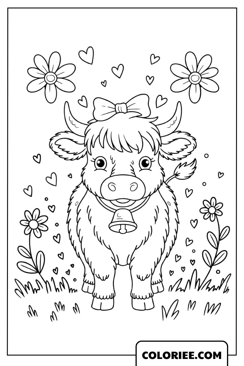 Coloriage Veau Doux dans un Jardin Fleuri