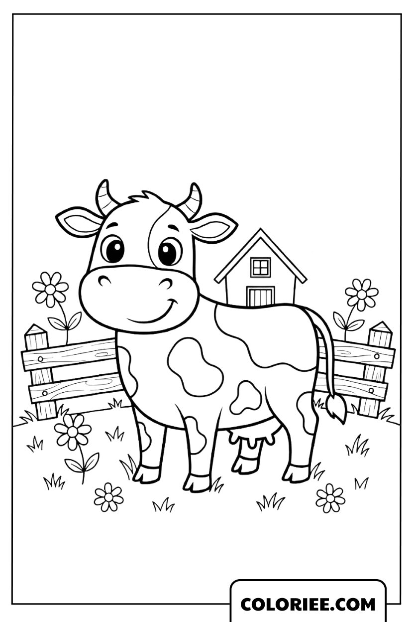 Coloriage Veau Jouant près de la Clôture