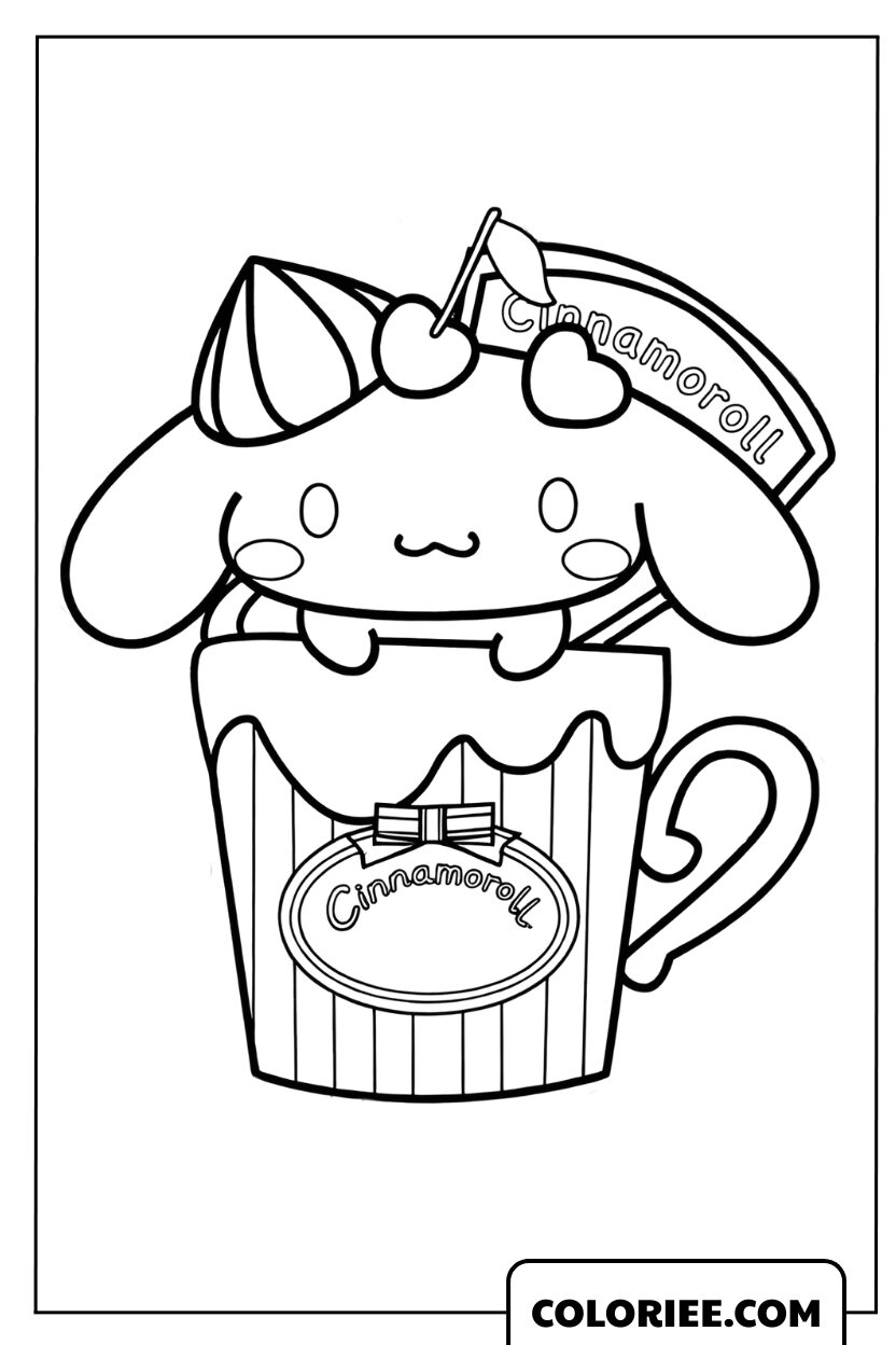 Coloriage de Cinnamoroll mignon à l'intérieur d'une tasse décorée
