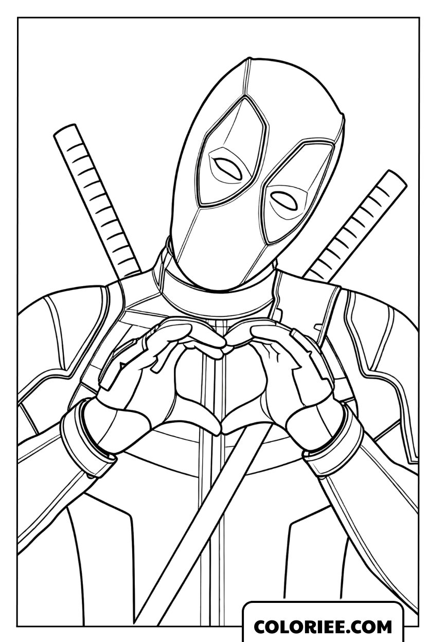 Coloriage de Deadpool faisant un geste de cœur adorable