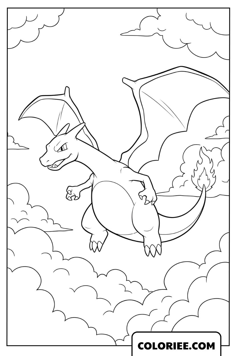 Coloriage de Dracaufeu Ailes libres parmi les nuages