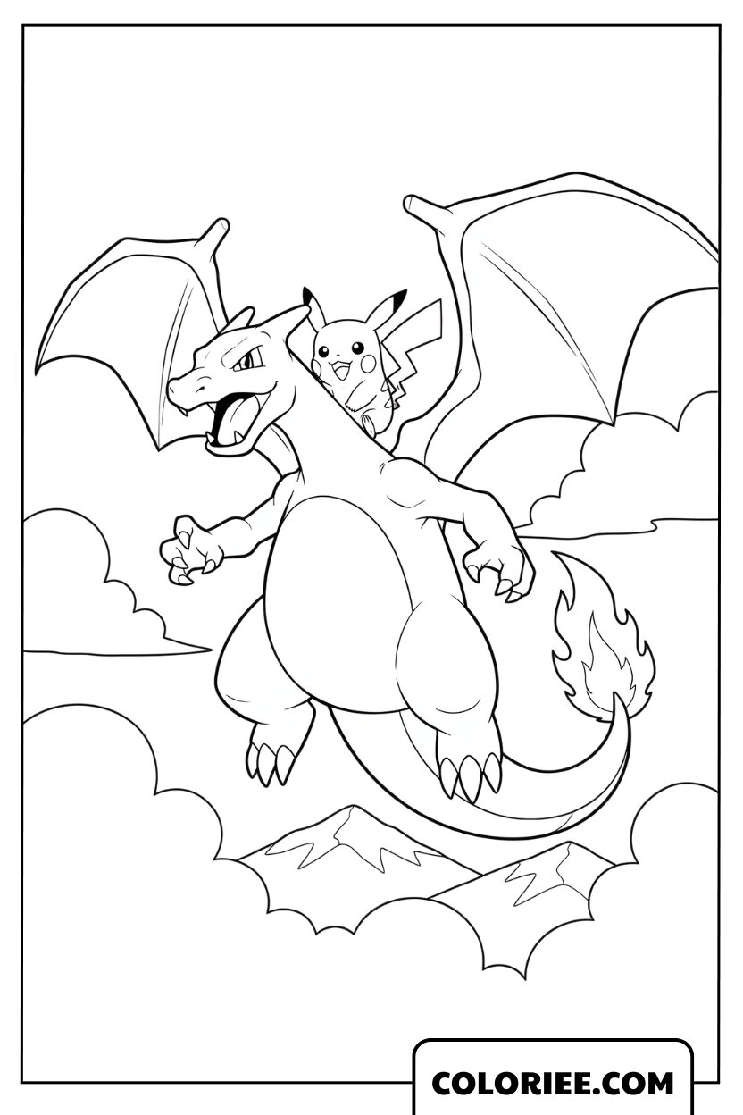 Coloriage de Dracaufeu et Pikachu voyageant dans le ciel