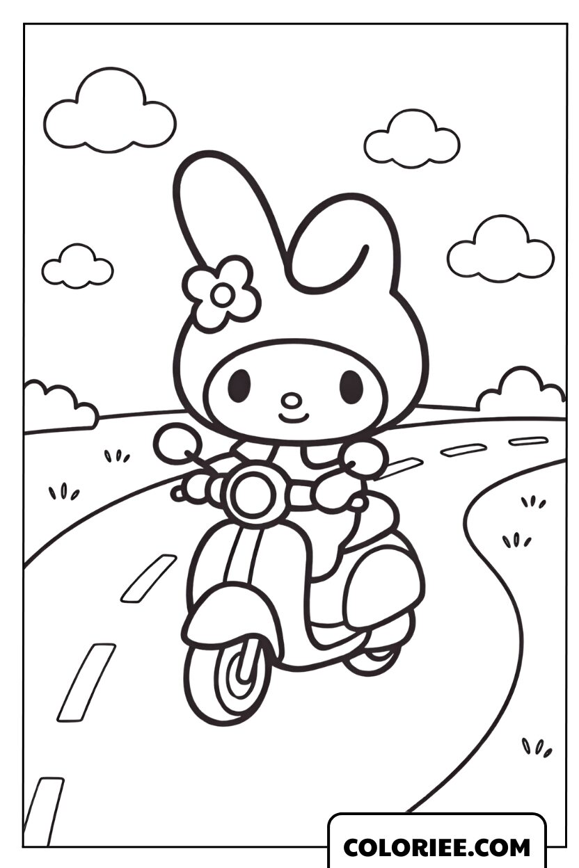 Coloriage de My Melody conduisant un scooter en voyage