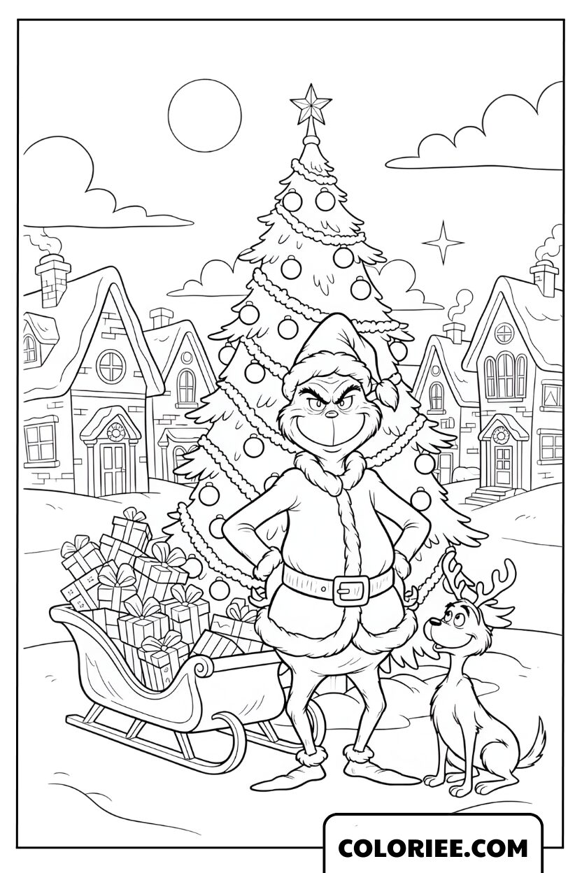 Coloriage du Grinch à côté du traîneau et du sapin scintillant