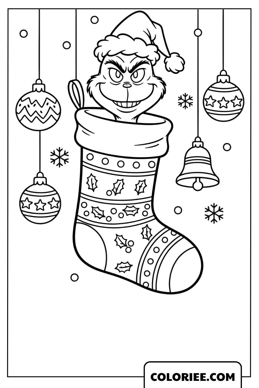 Coloriage du Grinch dans une chaussette