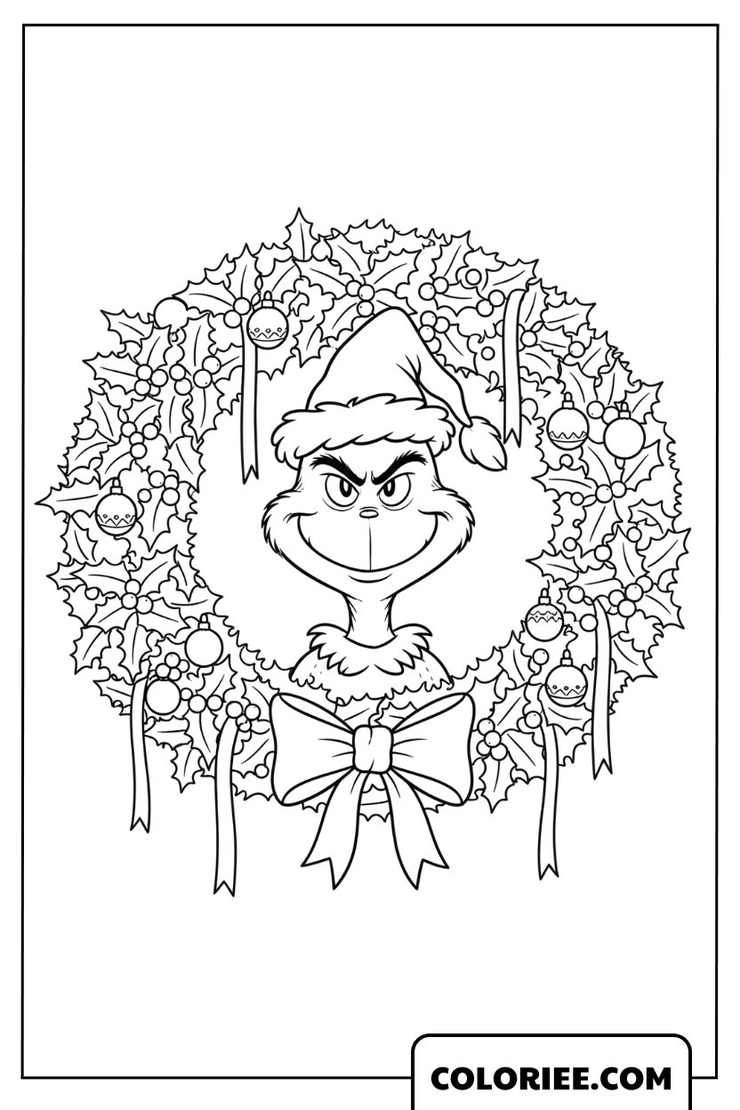 Coloriage du Grinch et la couronne de Noël