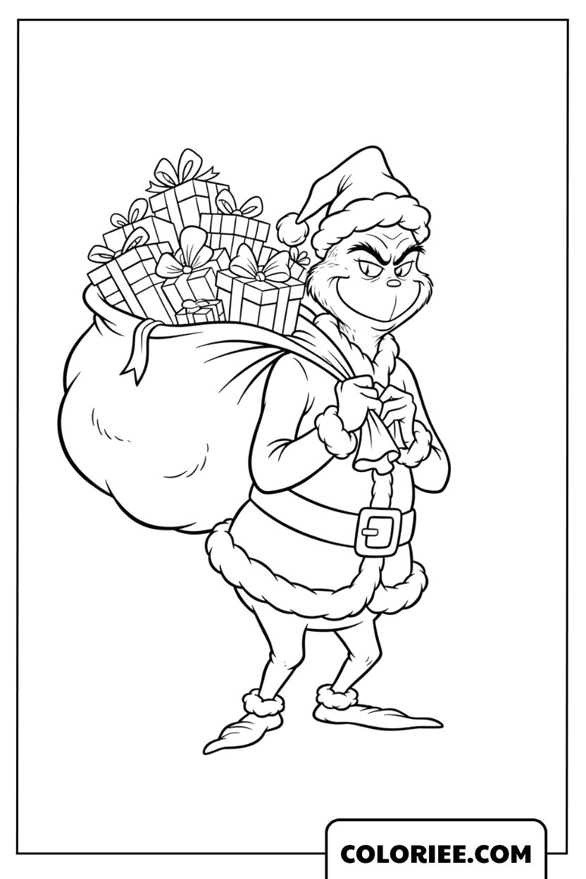 Coloriage du Grinch et sa hotte de Noël géante