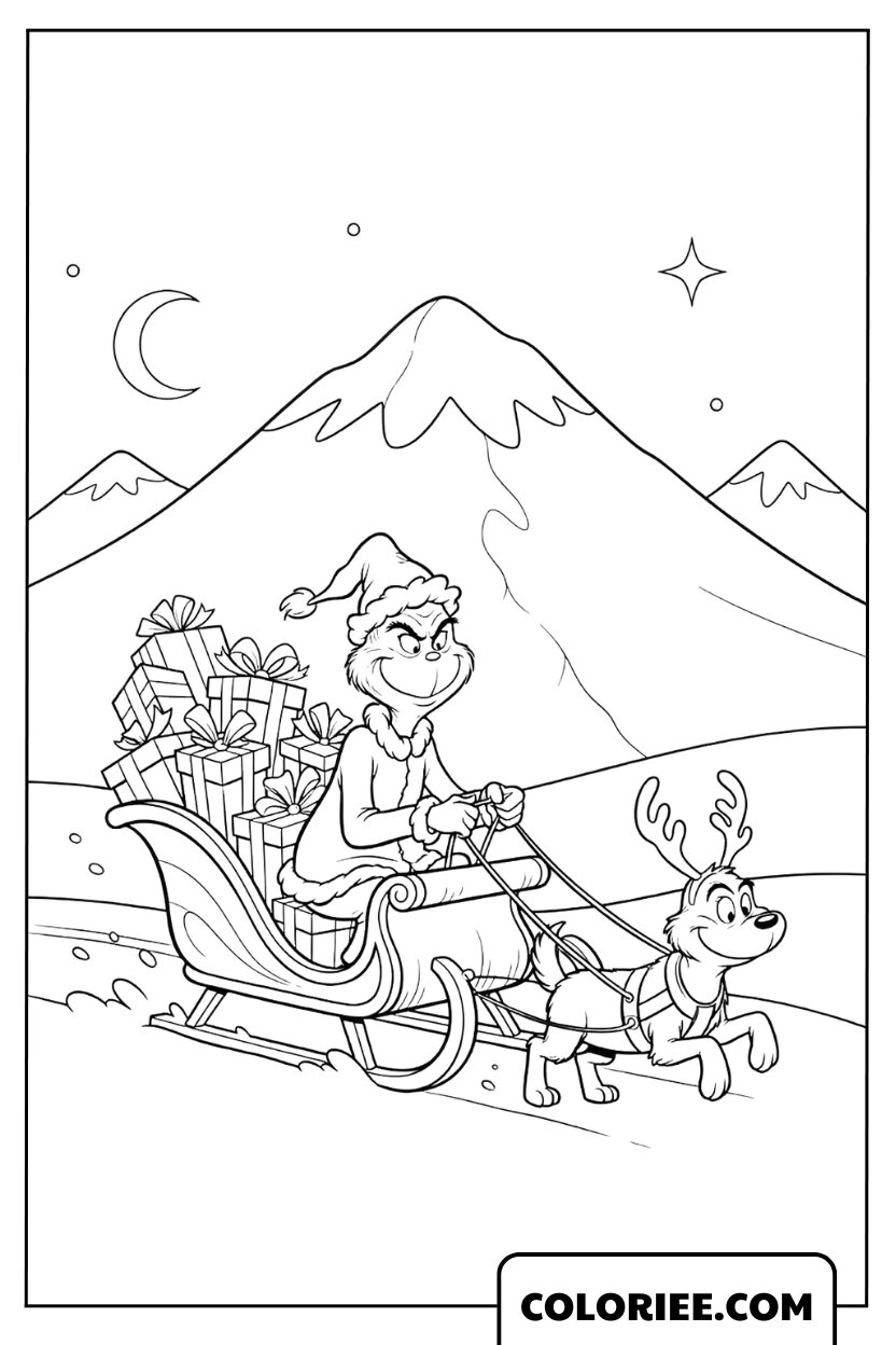 Coloriage du Grinch sur son traîneau rempli de cadeaux avec son chien Max