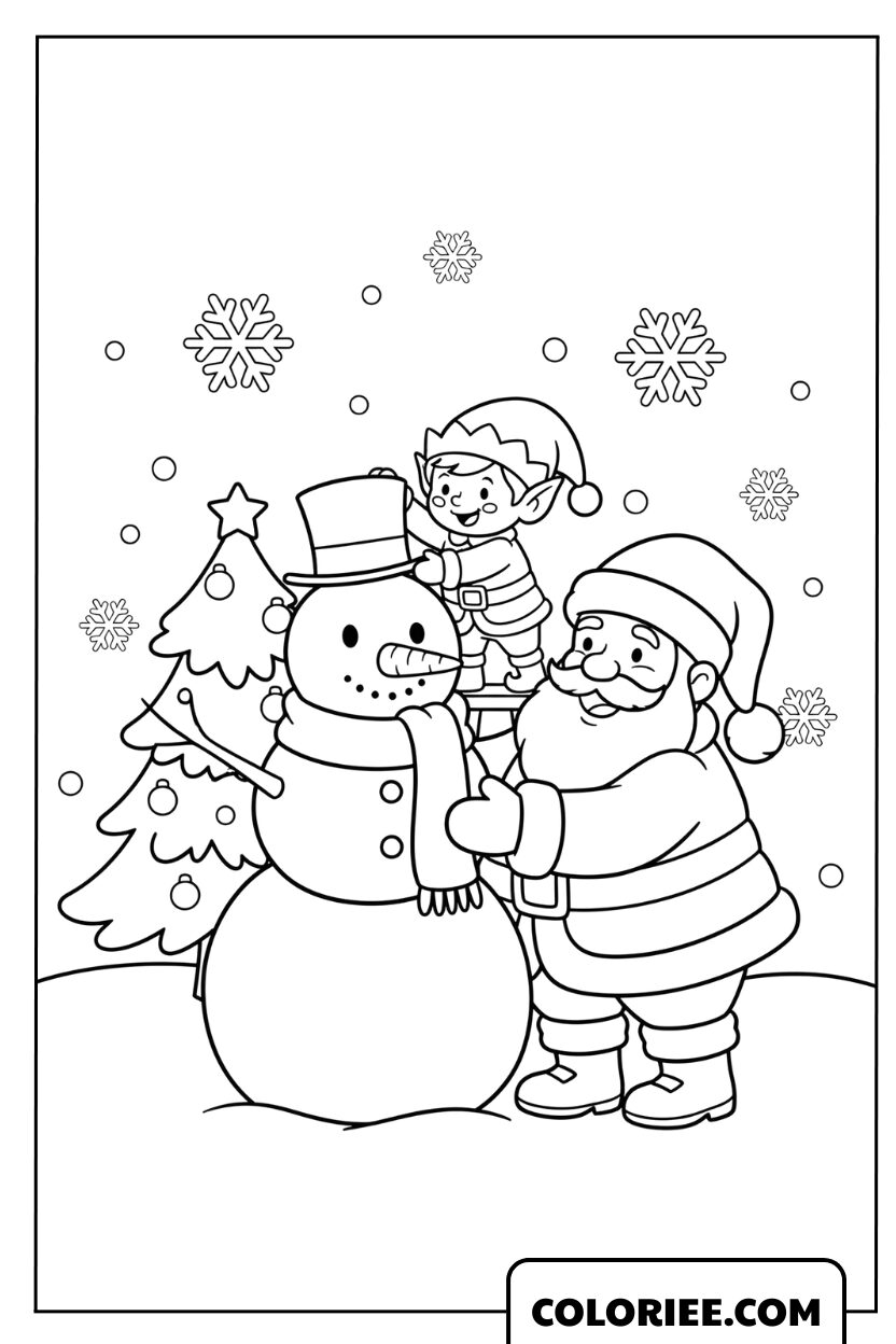 Coloriage du Père Noël et d'un elfe décorant un bonhomme de neige à colorier