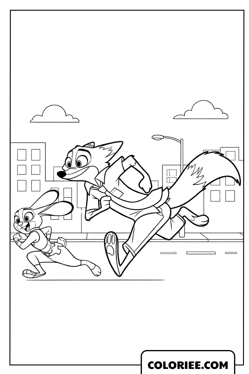 Coloriage du renard Nick Wilde et de la lapine Judy Hopps en train de courir