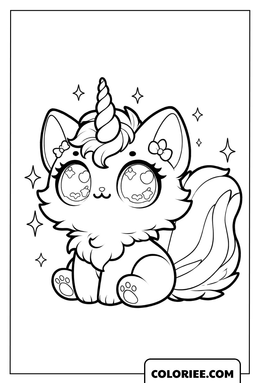 Coloriage d'un adorable chaton licorne aux grands yeux brillants