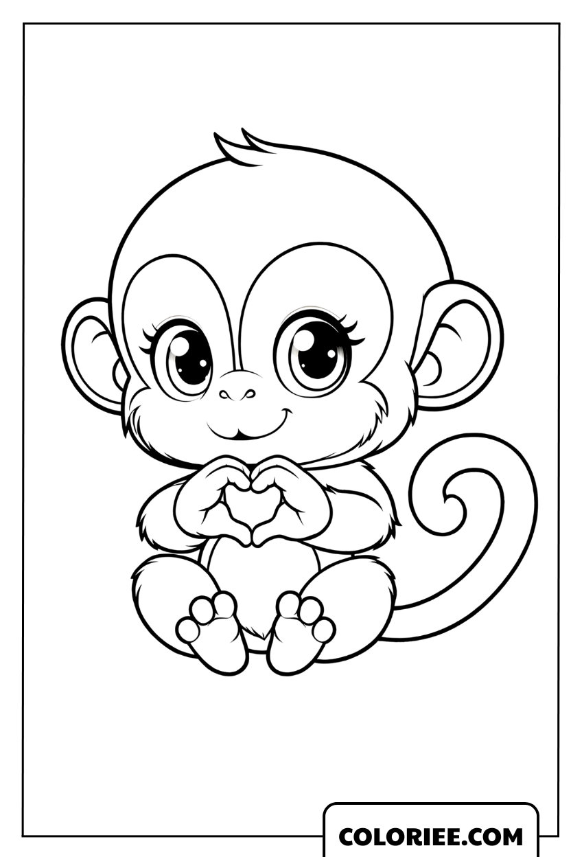 Coloriage d'un bébé singe mignon faisant un cœur avec ses mains