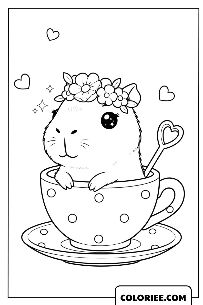 Coloriage d'un capybara avec une couronne de fleurs dans une tasse à colorier