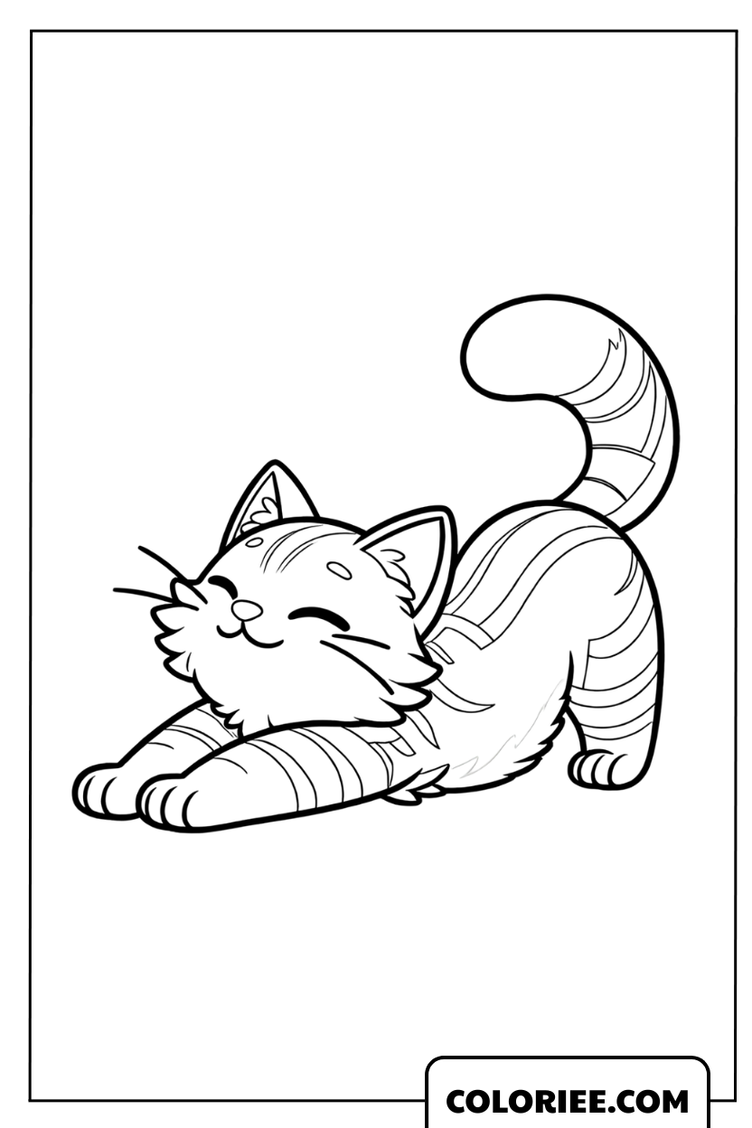 Coloriage d'un chaton tigré s'étirant confortablement au réveil