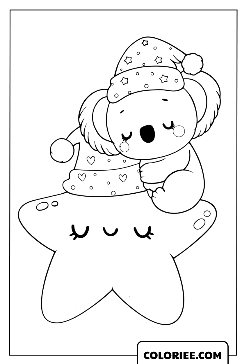 Coloriage d'un petit koala avec un bonnet étoilé dormant sur une grande étoile